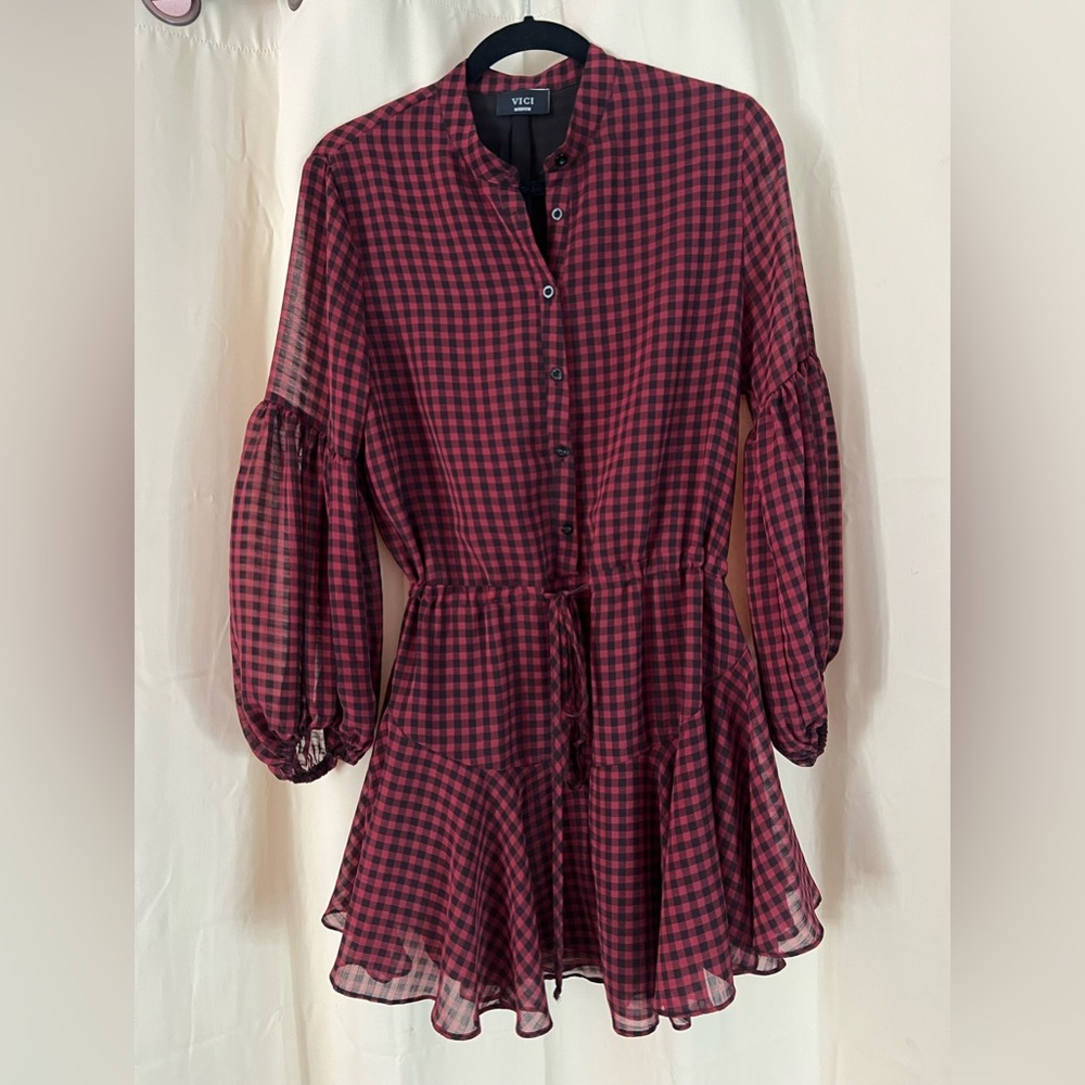 VICI Plaid Sheer Sleeve Romper Tie Dress